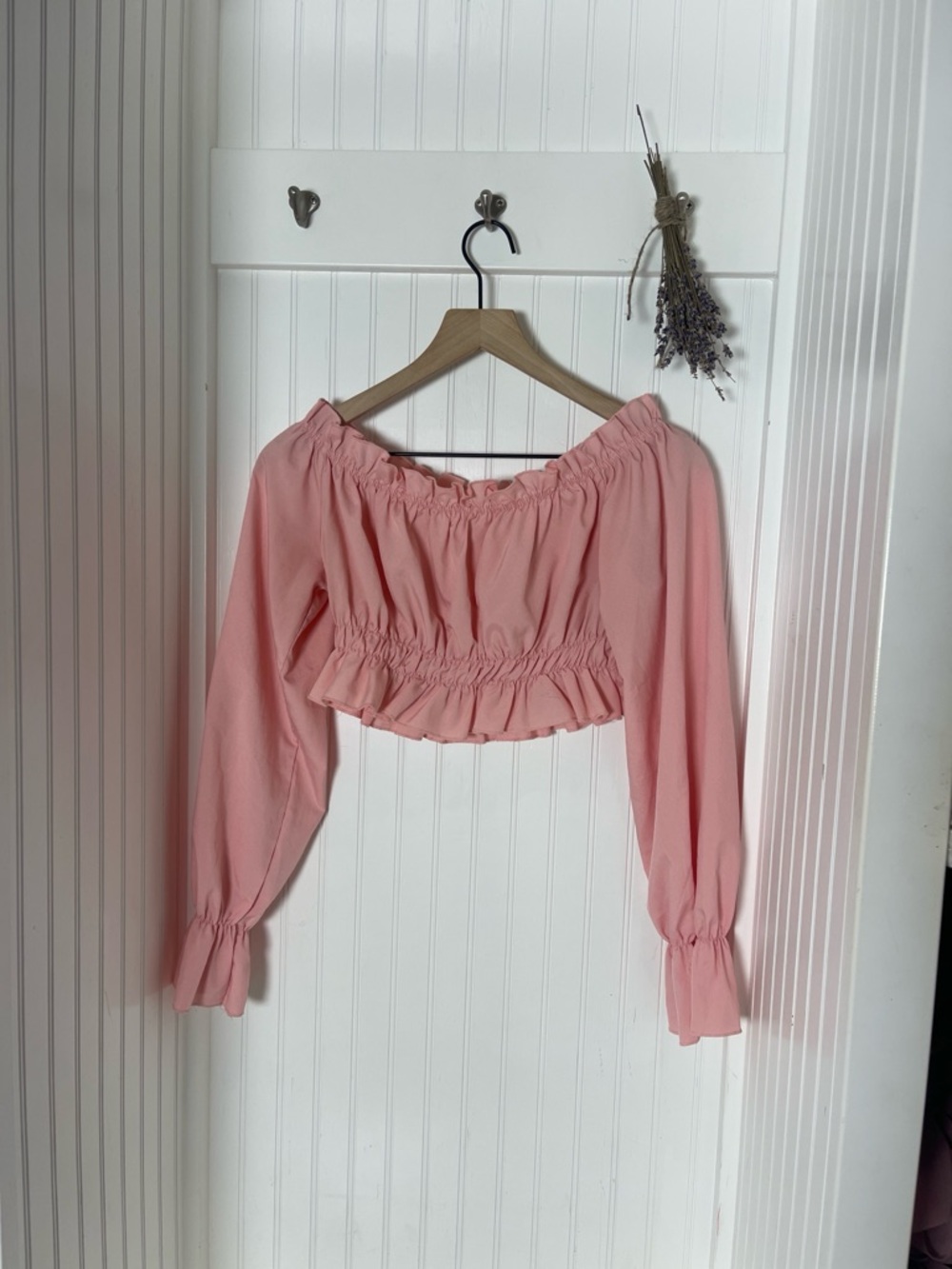 Pink Off-Shoulder Smocked Crop Top - Women